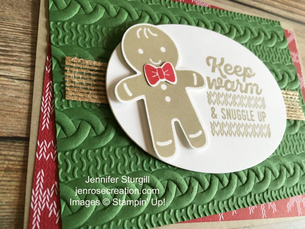 Gingerbread man close up, Jen Rose Creation, Stampin' Up!, Jennifer Sturgill, Cookie Cutter Christmas, Wrapped in Warmth, Cookie Cutter Builder Punch, Cable Knit Dynamic Embossing Folder, Holiday, StampinUp