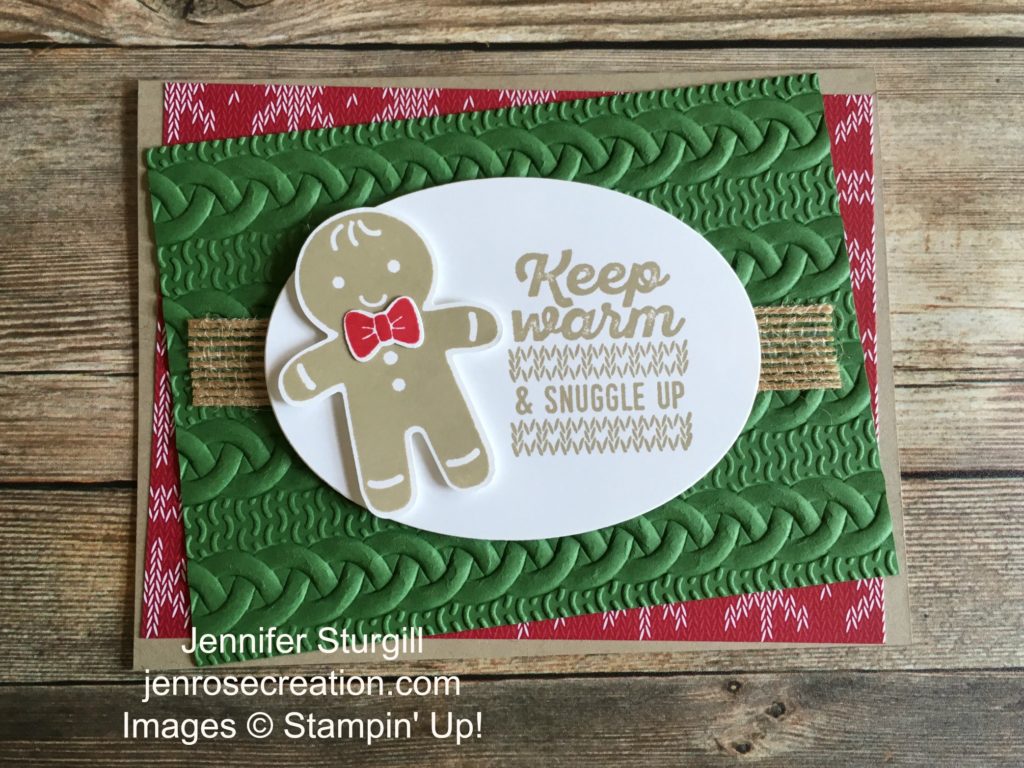 Gingerbread man sneak peek, Jen Rose Creation, Stampin' Up!, Jennifer Sturgill, Cookie Cutter Christmas, Wrapped in Warmth, Cookie Cutter Builder Punch, Cable Knit Dynamic Embossing Folder, Holiday, StampinUp