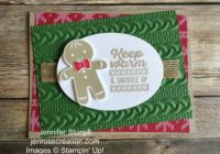 Gingerbread man sneak peek close up, Jen Rose Creation, Stampin' Up!, Jennifer Sturgill, Cookie Cutter Christmas, Wrapped in Warmth, Cookie Cutter Builder Punch, Cable Knit Dynamic Embossing Folder, Holiday, StampinUp